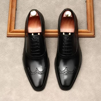 Луксозни мъжки обувки-oxfords, Италиански мъжки Модни Модела официални обувки, Сватбени Офис обувки с Дантела, Кафяви, Черни обувки-броги От Естествена Кожа