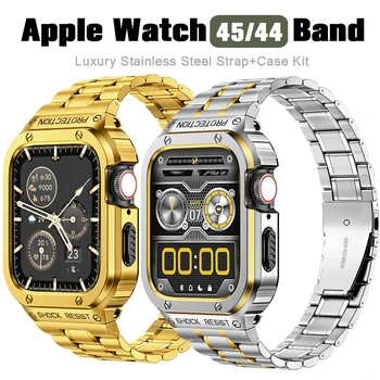 Метален Комплект Аксесоари За Apple Watch 8 Band 45 мм 44 мм и Каишка от неръждаема Стомана + покритие За iWatch Series 7 6 5 4 SE Гумена Гривна