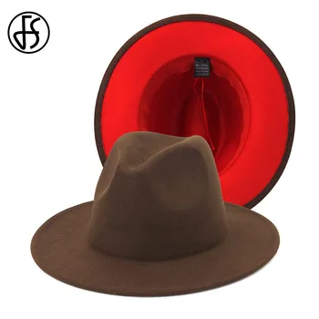 Модата на файлова система на кафе Червен срастване вълна чувствах Fedora шапки за жени, мъже широка периферия Джаз панама шапка унисекс шапка ковбойская шапка гангстер