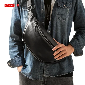 Модерен мъжки Нагрудная чанта От естествена Кожа, Малка Чанта През Рамо, японската и корейската Чанта-месинджър, Проста Нагрудная Чантата е от Мека Кожа, Черен