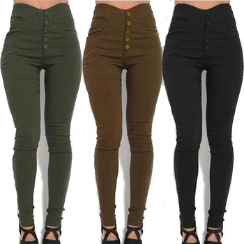Модни дамски Тесен панталон-молив с висока талия, плътно прилепнали Панталони, Стилни Дамски Черни/Dr. зелени/Кафяви Дълги Панталони с копчета