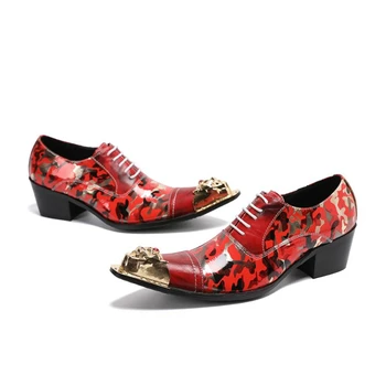 Мъжки обувки от лачена кожа с остри пръсти в британския стил, червени кожени обувки с дантела, сватбени обувки под рокля с принтом, Големи Размери 37-46