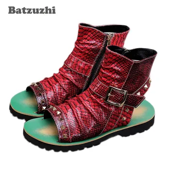 Мъжки сандали BATZUZHI в стил пънк, кожени гладиатори с змеиным модел, летни мъжки ботильоны с нитове, сандали на равна подметка с отворени пръсти, US12