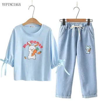 Нови модни дамски комплекти в Японски стил, тениска с къс ръкав и анимационни принтом в стил харадзюку + Дънкови панталони с дължина до прасците, Комплекти от две части 2116172