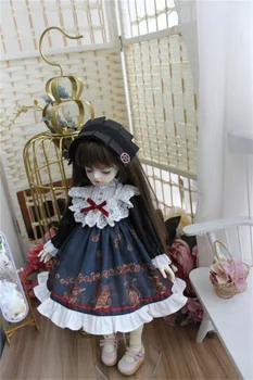 Облекло за кукли BJD подходящ за размера на 1/3 1/4 1/6 Blythe тъмно синьо ретро рокля с лък, аксесоари за кукли