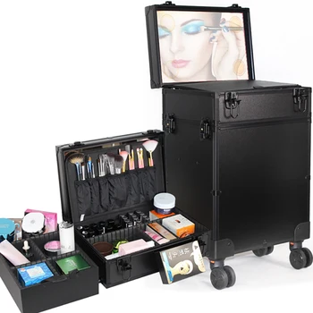Осветено огледало професионални козметични калъф за количка с чанта гримьор, кутия за съхранение на инструментите за татуиране на ноктите с голям капацитет