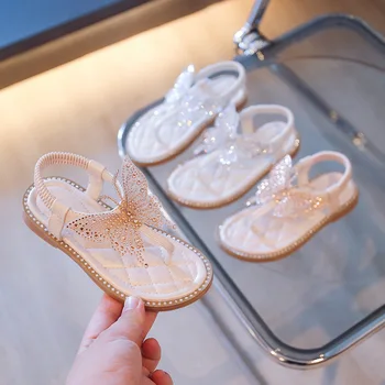 От 2 до 12 години-Сандали за момичета 2022 г. Лятна Мода Плажни обувки с нитове към чорап, детски обувки Принцеса с кристали и пеперуди, Детски Ластични сандали