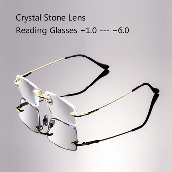 Очила За Четене Мъжки Естествени Кристални Каменни, Стъклени Лещи За Пресбиопия Луксозни Дамски Слънчеви Очила За Старческо Без Рамки +1.0 4.5 +5.0 5.5 +6.0