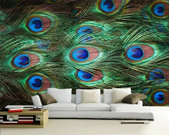 Паунов пера съвременната мода европейски стил всекидневна с телевизор фон на стената спалня фон тапети, декоративна живопис