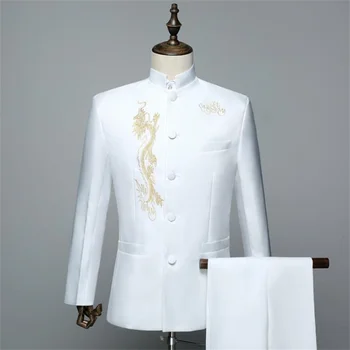 Певицата сценична бродерия бяла китайска туника костюм мъжки костюм комплект с панталони 2020 мъжки сватбени костюми, костюм на младоженеца вечерна рокля