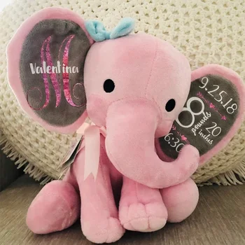 Персонализирана Плюшена Слон, съобщението за раждане на детето, статистиката Рожден ден, подарък за момиче, плюшена играчка, Статистика на раждане Слон
