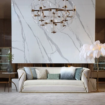 Постмодернистский светъл луксозен кожен диван, вила от телешка кожа, хол, диван от масивно дърво, луксозни мебели