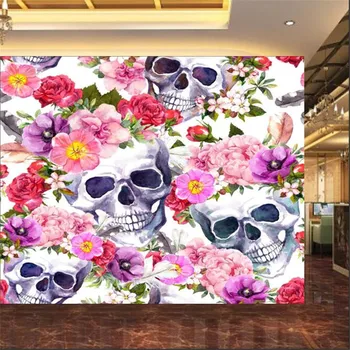 Потребителски Мексикански Кости Артистични Тапети Ресторант Бар Декор на Човешки Череп с Цветя за Празника на Диа Де Muertos-Стенни Тапети 3D