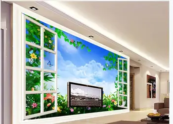 Потребителски фотообои 3d стенописи тапети за стените, Синьо небе, бели облаци, цветя 3D прозореца, хол, ТЕЛЕВИЗОР фон на стената
