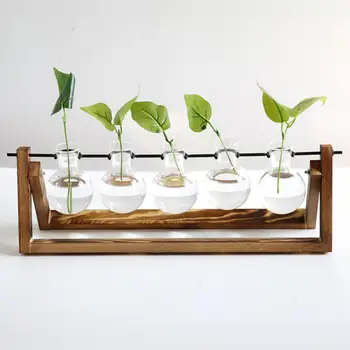 Прозрачна Стъклена Ваза За Цветя С Дървена Рамка, 5 Бутилки, Настолна Креативна Гидропонная Ваза За Растения За Дома