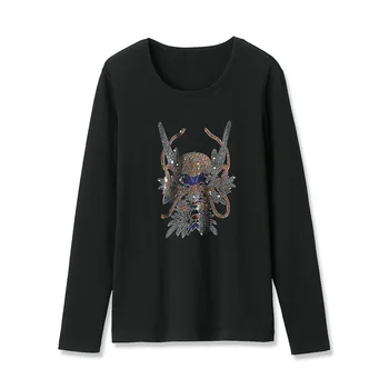 Пролет-Есен Нова Мода Градинска Стилна Черна тениска с Дълъг ръкав, дамски тениски с Китайски Дракон и Топли диаманти, Свободни Ежедневни блузи, женски