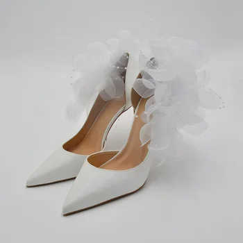 Пролет-лято страна на кухо посочи Бялата изкуствена Перла дантела на цветя сватбени обувки на тънък висок ток вечерна рокля големи Дамски сандали