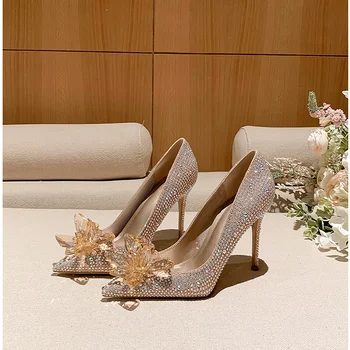 Пролетни сватбени обувки за булката на висок ток-висок ток с остър пръсти и кристали, банкет рокля, по-големи размери, малки размери, дамски тънки обувки