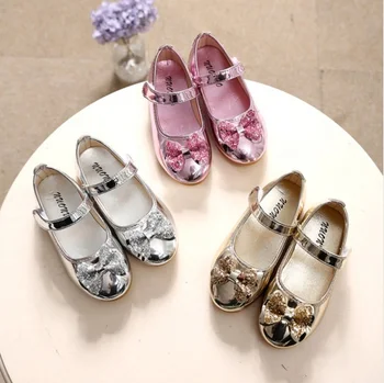 Пролетно-есенен Детски кожени обувки с лък за момичета, модни фини обувки с ярки диаманти, цвят: златист, сребрист, розов, за малки момичета, детски танцови обувки