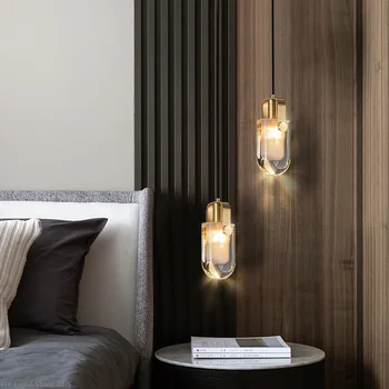 Скандинавски модерен минималистичен Кафе полилей спалня нощни полилей дълга линия окачен на тел нощна лампа цялата медни кристален лампа