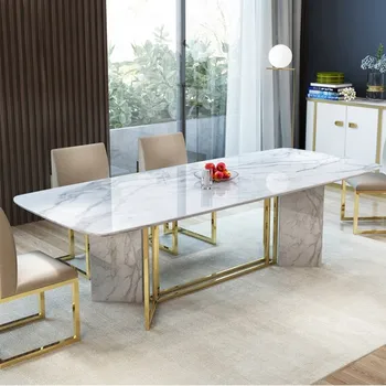 Скандинавски мраморна маса за хранене правоъгълен модерен минималистичен домашен лампа луксозна маса за хранене и столове на масата за преговори