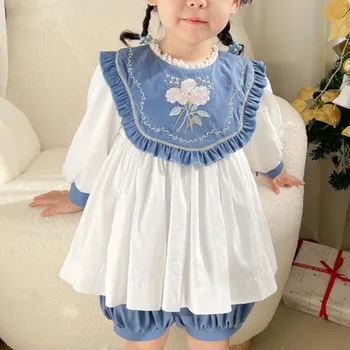 Сладко Детска рокля от две части с Бродирани Тъмно синьо яка в стил Лолита 