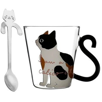 Сладък Котки Топлоустойчиви Чаши за Кафе За Пиене Самозалепваща Стъклена Чаена Чаша Креативен Подарък на Съдове За Напитки Мляко с Лъжица