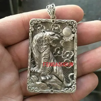 Стария Китай Тибет Сребро Ръчно Изработени Силата На Статуята На Тигър Амулет Колие С Висулка Подарък