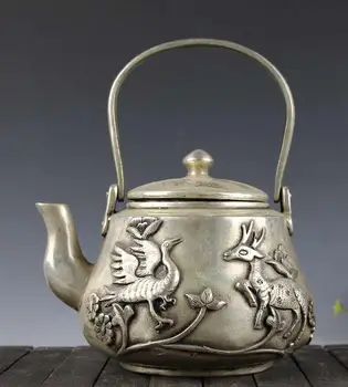 Старият античен сребърен чайник QingDynasty, Богат чайник, Изискана дърворезба, ръчни занаяти, на най-добрата колекция и украса, безплатна доставка