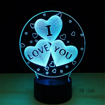 Цветен led лека нощ I love you 3D Vision с образа на Любовта и на Сърцето, Цветен 3D Нощна Лампа, таблица Лампа AW-106