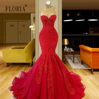 Червена сладка Русалка вечерни рокли, луксозни мъниста пайети рокля за бала и за сватбата почистване влак халат de Mariage сватбени рокли 