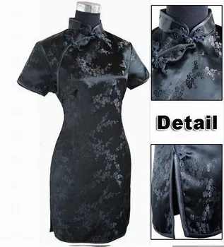 Черна къса рокля Ципао в Китайски Стил, Традиционен Женски Атласное Мини рокля Ципао в Китайски Стил, Vestido, традиционно Облекло с шал Яка подпора 