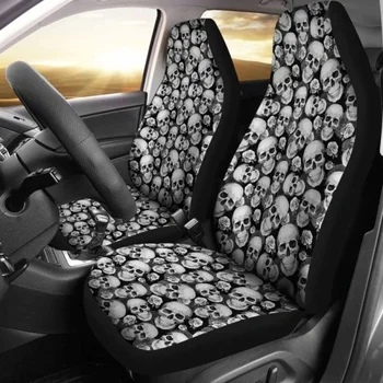 Черно-сиви Калъфи за автомобилни седалки с Черепи и Рози Комплект от 2 Универсални Защитни покривала за предните седалки