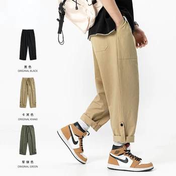 Японски Улични Мъжки Панталони В стил ретро, Лятото, Есента и Ежедневни Панталони, Мъжки Свободни Панталони-карго с директни Штанинами, Мъжки Панталони