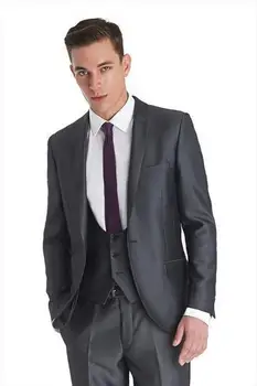 високо качество на Индивидуален Дизайн тъмно-сиви Смокинги за Младоженеца на Булката Сватбена/бизнес Костюми (яке + Панталон + елек + вратовръзка)