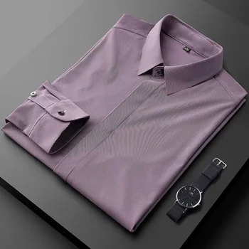 демисезонная висококачествена луксозна Риза райе с Дълъг Ръкав, Мъжки модни корейската версия, тънка еластична риза против бръчки за мъже