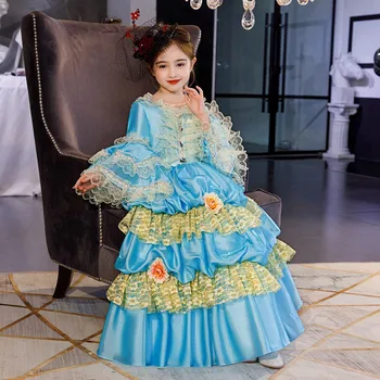 луксозно детско синьо дантелено дълга рокля с волани, рокля на принцеса, на Европейското Придворное Рокля за Момичета, с костюм на фея