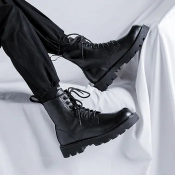 мъжки обувки на платформа за почивка, марка дизайнерски обувки с квадратни пръсти, вечерни банкетни на модела мотоциклетни ботуши, каубойски оригинални кожени ботас