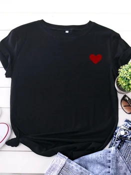 на Гърдите Тениска С Принтом Малко Червено Сърце Жените С Къс Ръкав И Кръгло Деколте Свободна Тениска Лятна Дамска Тениска Върховете Camisetas Mujer