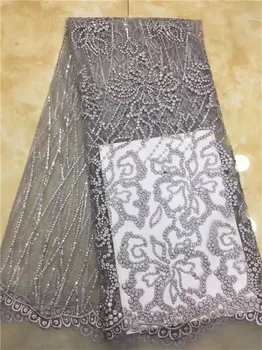 пайети плат 2019 модни африканска тюлевая лейси плат с пълни пайети 5 ярда от висококачествена лейси плат Сиво бели лилаво