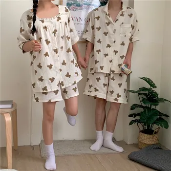 сладък пижамный комплект за двойки, с анимационни герои, дамски пижами, комплект от 2 теми, дамски и мъжки домашни дрехи с къс ръкав, лятна пижама, комплект с мечка Y805